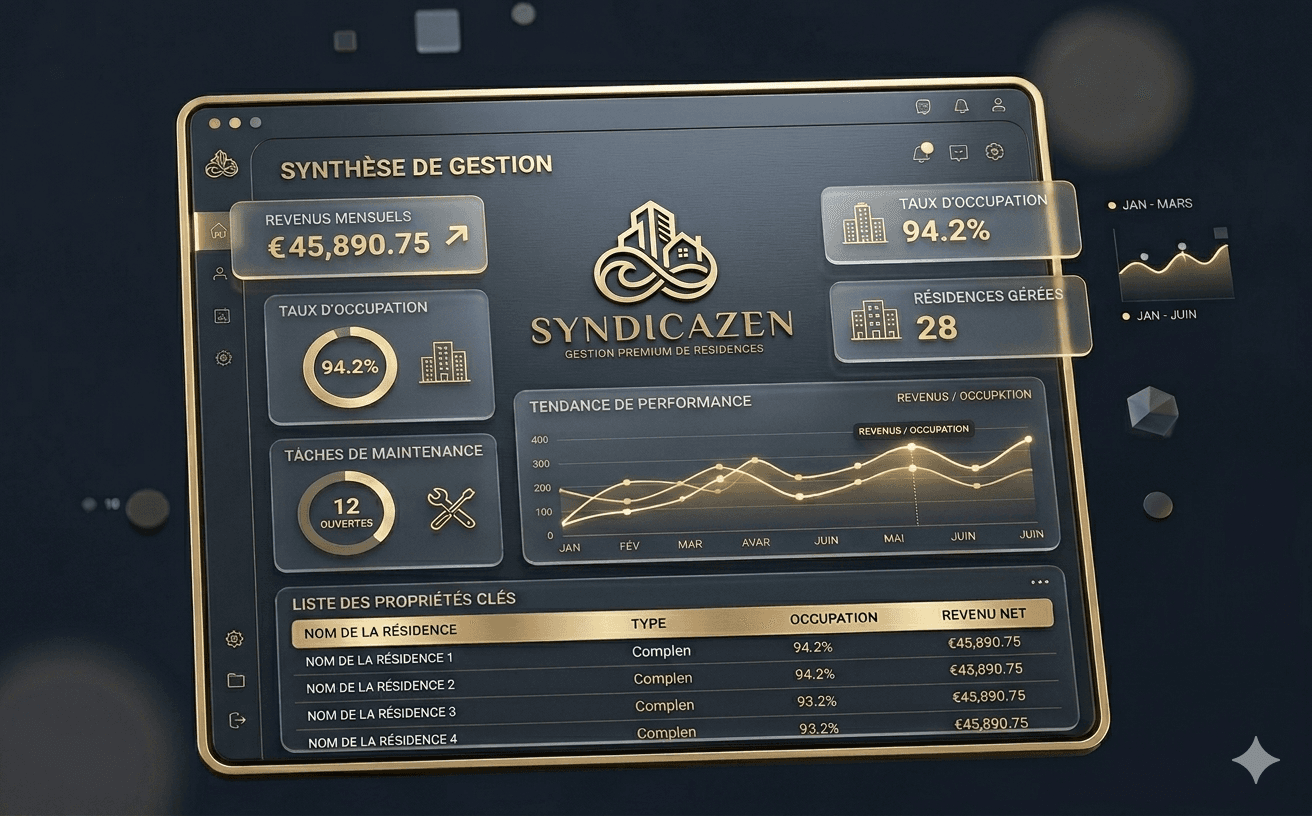 Tableau de bord SyndicaZen — Synthèse de gestion premium